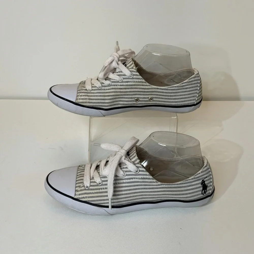 Polo Ralph Lauren Parnell Womens Sneaker 7.5B Blue White Striped Canvas Shoe